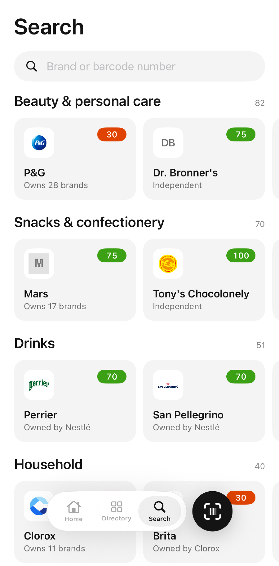 Bueno’s search screen: brands grouped by category, each with its company score.